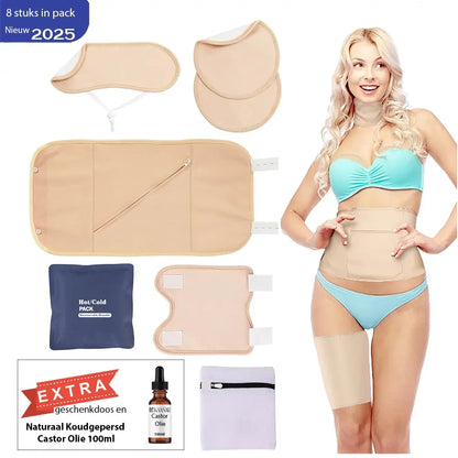 Coffret de 8 masques à l'huile de ricin 100 % coton biologique pour le ventre, le cou, la poitrine, les jambes et les bras